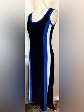Calvin Klein Black Maxi Dress with white and blue panels flowy flattering flare